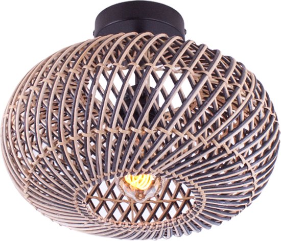 Plafonnier en rotin Stripes | 1 lumière | noir / naturel | rotin / métal | 30cm | salle à manger / table à manger / lampe de salon | design moderne / champêtre
