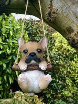 Pup Franse Buldog beige hangend ass 15 cm hoog - hond - dog - polyester - polystone - beeld - tuinbeeld - hoogkwalitatieve kunststof - decoratiefiguur - interieur - accessoire - voor binnen - voor buiten - cadeau - geschenk - Kerst - nieuwjaar