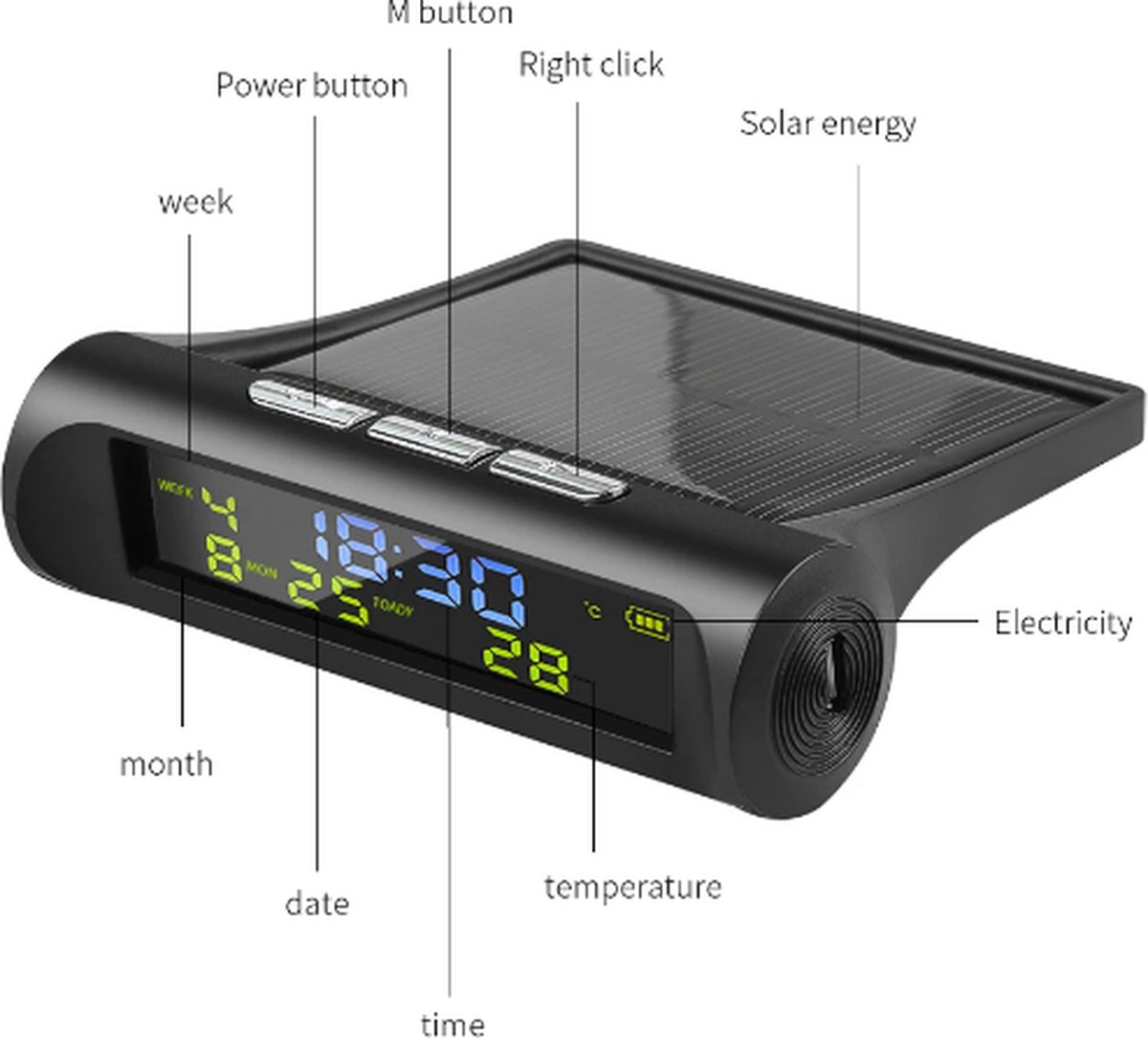 Auto digitale klok, zonne-aangedreven klok met ingebouwde batterij, voertuigdashboardklok, autodecoratie, elektronische accessoires (10,6 * 7.3 * 2.3 cm