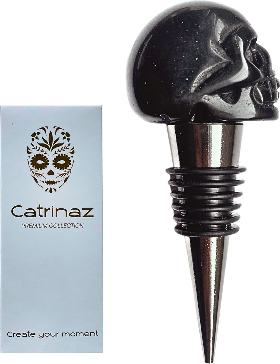 Premium Flessenstop met Skull van Zwarte Obsidiaan – 100% Natuursteen –Wijnstopper – Giftbox – Uniek Cadeau – Catrinaz®