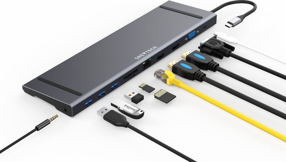 Greytech - 11 in 1 Docking station - voor Laptop - USB C Hub - 2x HDMI, VGA, SD - USB C Dock- USB C charging en 3x USB 3.0