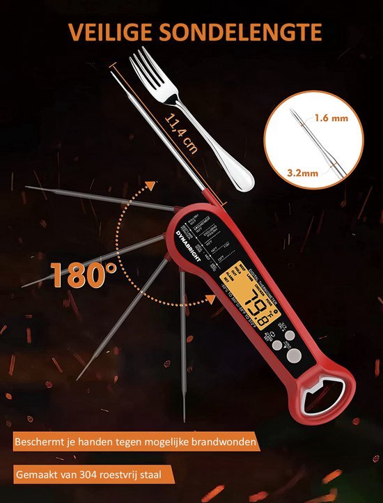 DynaBright Vleesthermometer - Incl. Flesopener en Extra Sonde - Voedselthermometer - BBQ - Oventhermometer - Digitale Keukenthermometer - Draadloos - Celsius/Fahrenheit - DynaBright