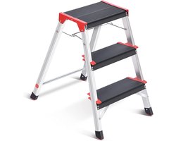 Kingrack Aluminium trapladder 3 stappen, lichtgewicht opstapkruk met breed platform, multifunctionele en antislip opvouwbare stapkruk, maximale belasting 150 kg
