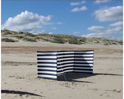 TOPPER!! Strand Windscherm - Marine Blauw - Wit - 5 meter Sterk Dralon - 2 Delige Houten stokken 180 cm - Doekhoogte 140 cm - TuinScherm - Strandscherm - Campingscherm
