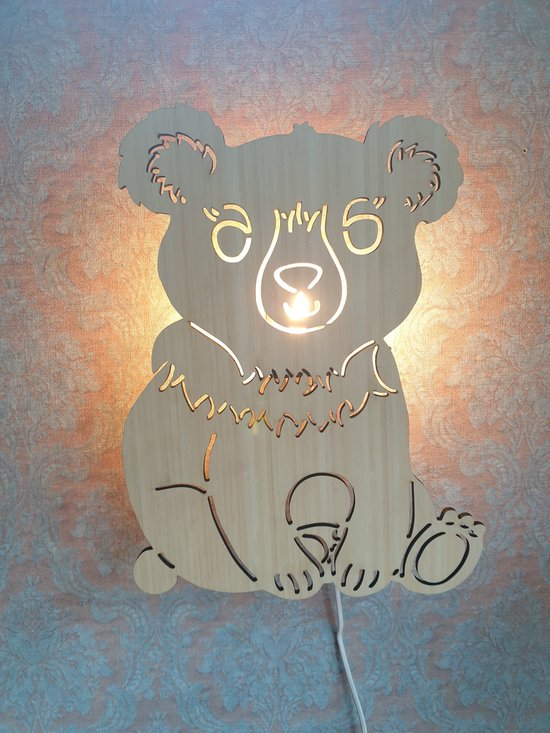 Phanti Fantasie Kinderlamp - Wandlamp - Dierenlamp - Bibi beer - bamboe - 45 cm hoog - handgemaakt