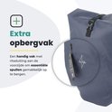 Detail van een donkerblauwe Voltano fietstas met extra opbergvak met rits aan de zijkant.