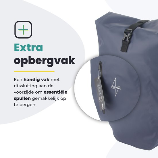 Detail van een donkerblauwe Voltano fietstas met extra opbergvak met rits aan de zijkant.