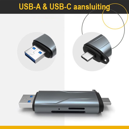 Detailopnames van een zilveren kaartlezer die USB-A en USB-C ondersteunt. Een kaartlezer ligt onderaan.
