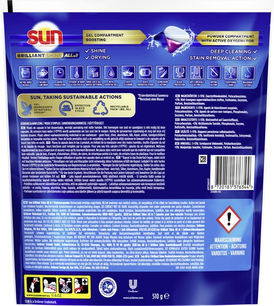 Sun - Vaatwascapsules - Brilliant Shine - All-in 1 -met Active Oxygen+ - 4 x 34 Stuks - Voordeelverpakking