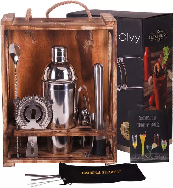 Olvy Cocktail Shaker Set - Cocktail Shaker - 16 Delig - Ophangbaar - Cocktailset - Met Luxe Cadeauverpakking