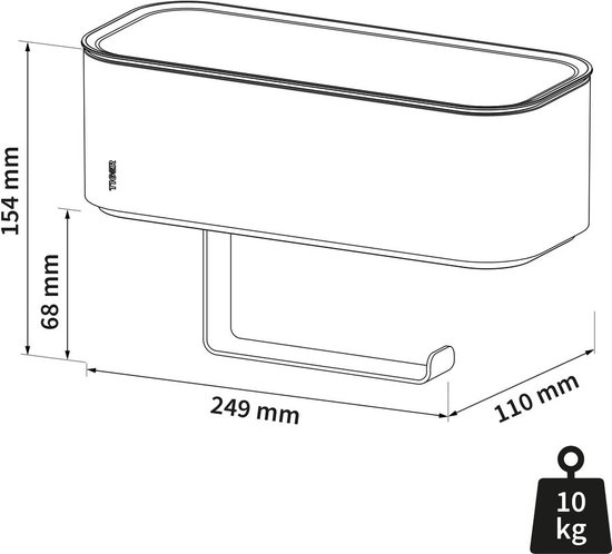 Dessin technique d'un porte-rouleau toilette blanc avec bac de rangement. Dimensions : 249x110x154 mm.