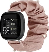 Strap-it Smartwatch bandje - Scrunchie nylon bandje - geschikt voor Fitbit Versa 3 / Fitbit Sense - donkerbeige met namaakparels