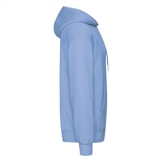 Zijaanzicht van de lichtblauwe hoodie met capuchon.