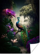 Poster Pauw - Bloemen - Jungle - Regenboog - Veren - 30x40 cm