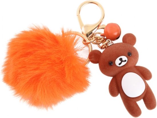 Sleutelhanger teddybeer met pompon - Bruin / Oranje