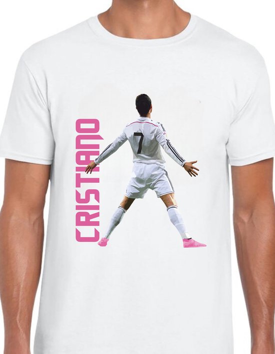 CR7 Uniseks T-Shirt - wit text roze- Maat XL - Korte mouwen - Ronde hals - Normale pasvorm - Cristiano ronaldo - Voetbal - Voor mannen & vrouwen - Kado - Veldman prints & packaging