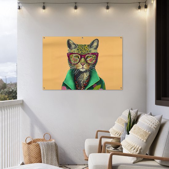 Affiche jardin - Toile jardin - Posters de jardin extérieur - Animaux - Chat - Lunettes - Fleurs - Hippie - 120x80 cm - Jardin