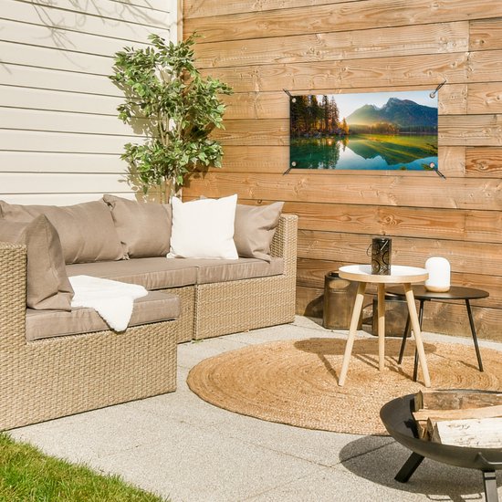 Affiche de jardin Lac - Forêt - Montagnes - Nature - Soleil - Paysage - 60x30 cm - Toile jardin - Affiche extérieure