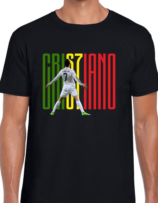 Ronaldo Uniseks T-Shirt - Zwart text groen,geel&rood- Maat M - Korte mouwen - Ronde hals - Normale pasvorm - Cristiano ronaldo - Voetbal - Voor mannen & vrouwen - Kado -veldman prints & packaging