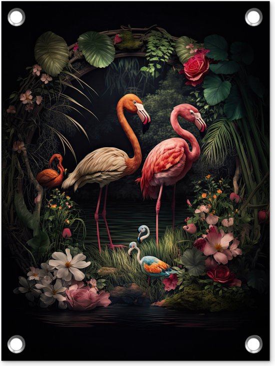 Tuin decoratie Flamingo - Bloemen - Planten - Jungle - Roze - 30x40 cm - Tuindoek - Buitenposter