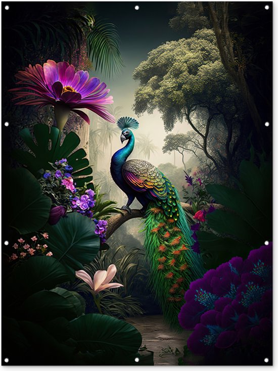 Muurdecoratie buiten Pauw - Bloemen - Jungle - Regenboog - Veren - 120x160 cm - Tuindoek - Buitenposter