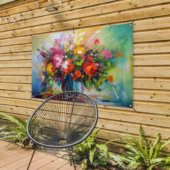 Affiche de jardin Fleurs - Coloré - Pot de fleurs - Peinture à l'huile - 130x80 cm - Décoration murale Extérieur - Affiche de jardin - Toile de jardin - Affiche de clôture - Tableau de jardin