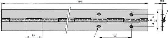 Pianoscharnier - Rvs - 480x32x0,8mm - Merkloos