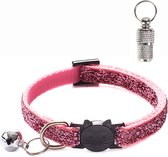 Kattenhalsband met veiligheidssluiting + adreskoker en belletje - Glitter look - Verstelbaar - 19 / 32 cm - Halsband kat - Kattenbandje - Cat - Kitten - Katten halsband - Roze