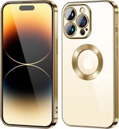 Apple iPhone 14 Plus Magnetisch Hoesje Met Lensbeschermer - Magsafe - Magneet Case Met Ring en camera cover transparant met gekleurde rand - goud
