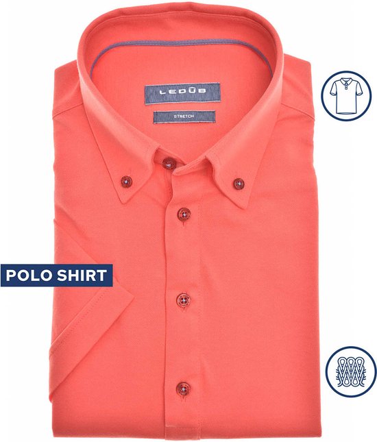 Ledub slim fit overhemd - korte mouw - koraal oranje tricot - Strijkvriendelijk - Boordmaat: 46