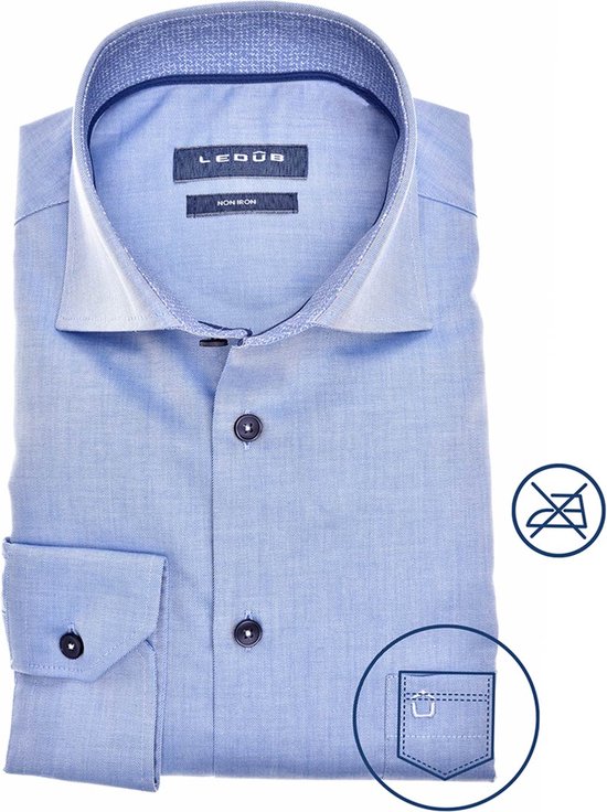 Ledub modern fit overhemd - middenblauw - Strijkvrij - Boordmaat: 42