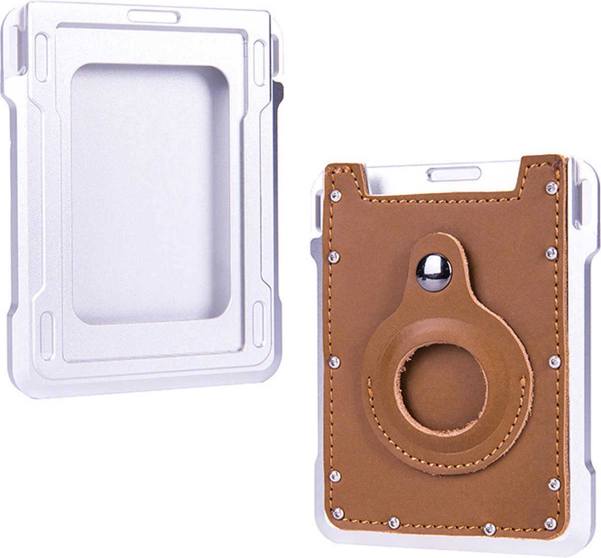 Uitschuifbare Pasjeshouder met Airtag Tracker Case - Pasjeshouder - Uitschuifbaar - Airtag - RFID beveiliging - Kunstleer|Aluminium - Lichtbruin