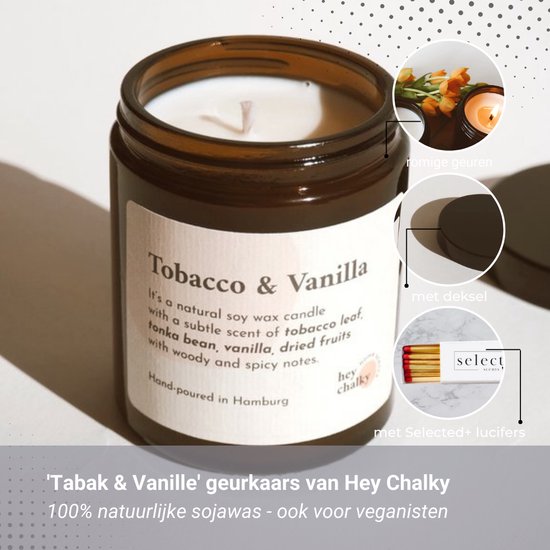 Geurkaars 'Tabak & Vanille' - Vegan en natuurlijke geurkaars - geurkaars in glas - merk Hey Chalky - met Selected+ lucifers