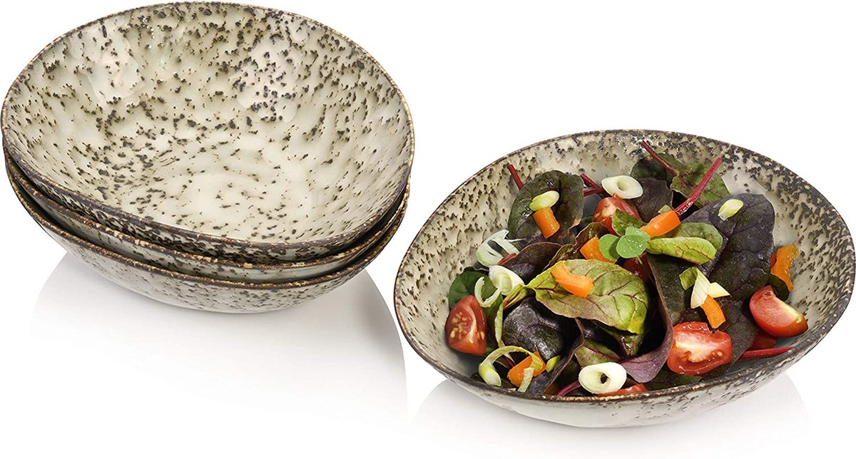 Saladekom set pompei van aardewerk, saladebordenset voor 4 personen, kom, uniek vintage design