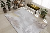 the carpet Vloerkleed Mila modern tapijt woonkamer, elegant glanzend kortpolig woonkamer tapijt in grijs met goud zilver veren patroon, tapijt 80 x 300 cm