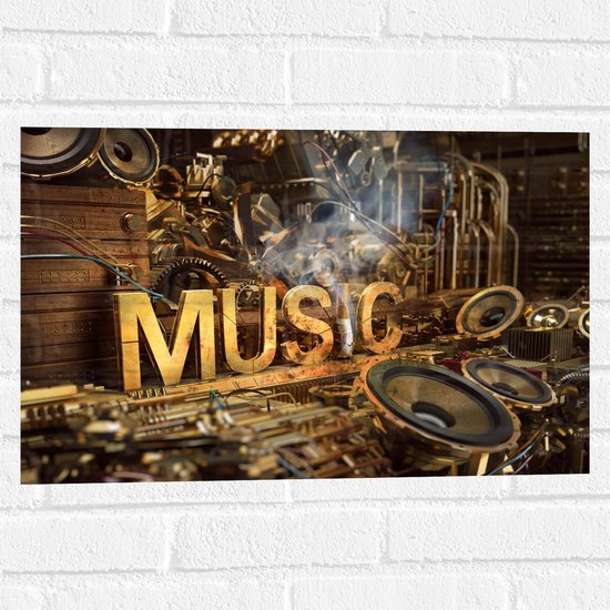 Muursticker - Houten Letters met ''MUSIC'' op Machine - 60x40 cm Foto op Muursticker