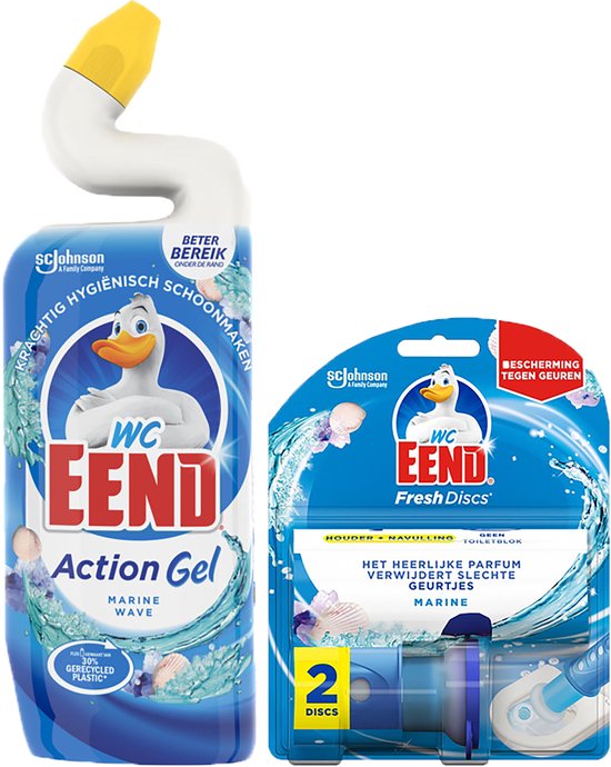 WC Eend Action Gel Marine Wave en Fresh Discs Marine.