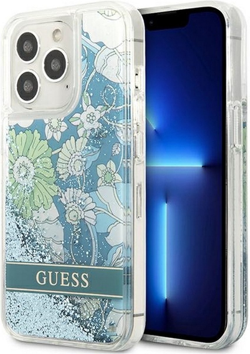 Guess Flower Liquid Glitter Back Case - Geschikt voor Apple iPhone 13 Pro Max (6.7") - Groen