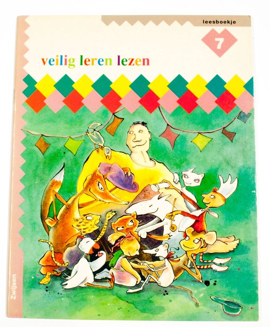 Boek 'Veilig leren lezen' met illustraties van dieren en een man.