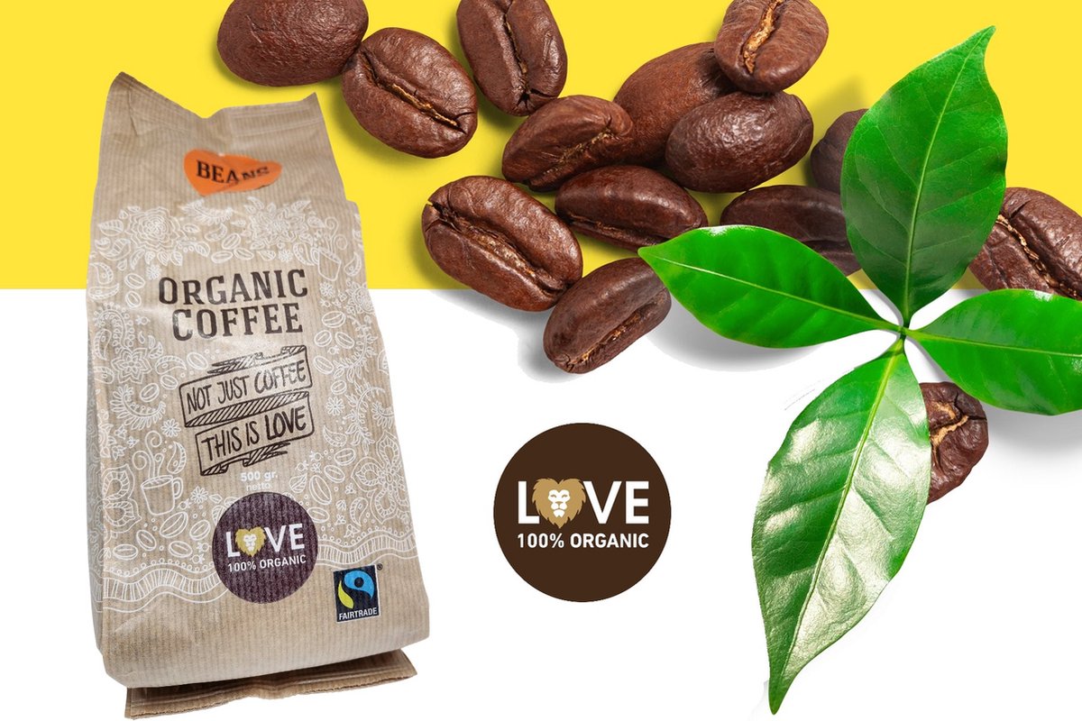 Fairtrade koffiebonen | Love 100% Organic | Koffiebonen | Een kopje romantiek in een mok | koffiebonen Fairtrade 1 KG | 100% biologische koffiebonen | Samen stap voor stap aan een betere wereld | Geschikt voor koffiebonen machine of koffiemolen |