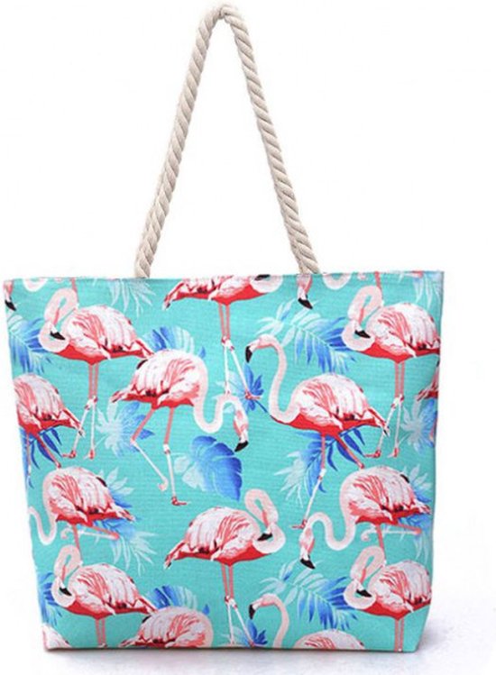 Strandtas turkoois met flamingo's 37x38x13cm