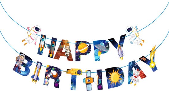 Happy Birthday slinger met ruimte thema: astronauten, planeten, raketten en een zon.