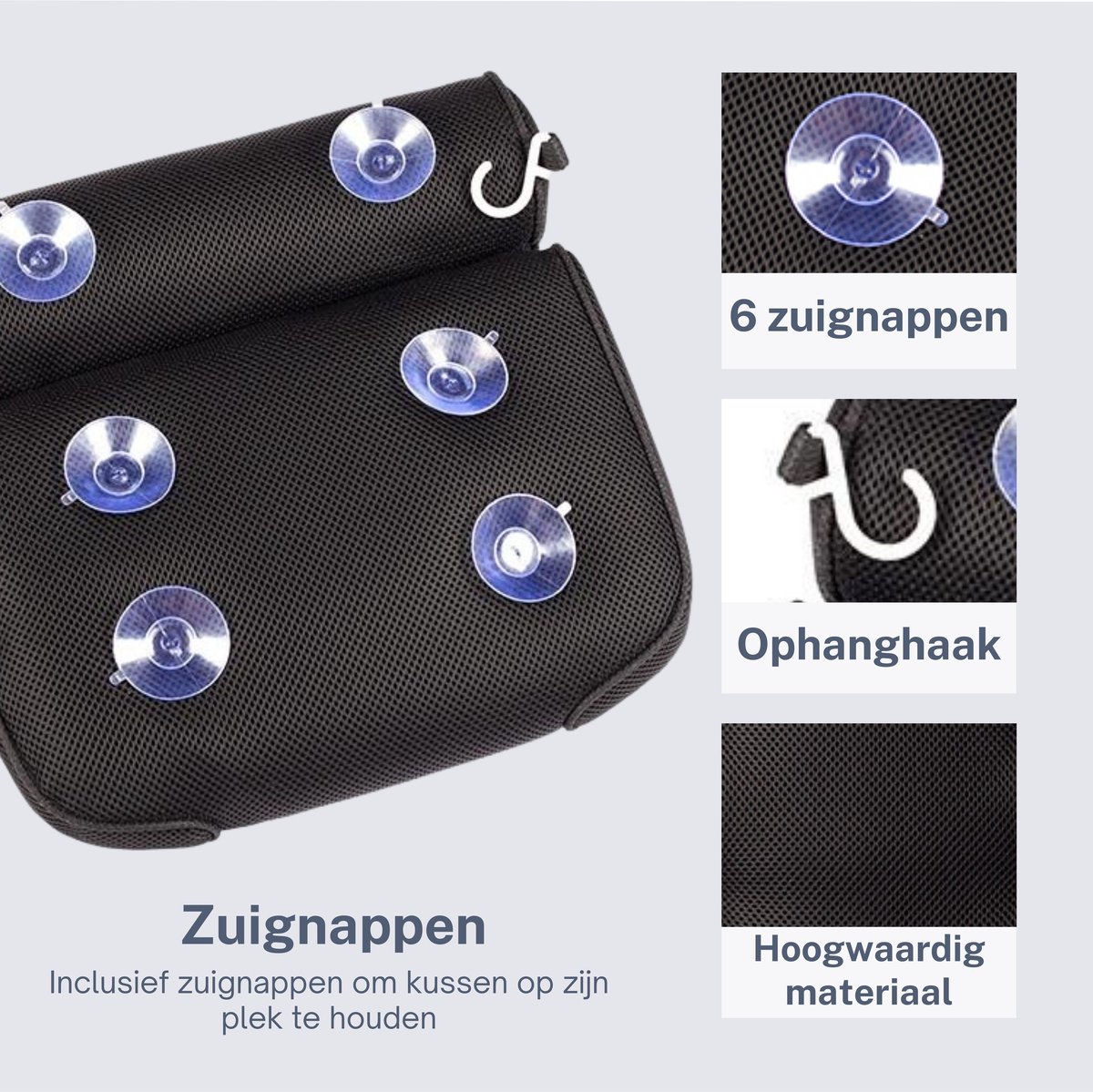 Earkings Badkussen met 6 Zuignappen en Ophanghaak - Bad Kussen voor in Bad - Bad Accessoires Nekkussen Bad - Hoofdsteun Bad Zwart — afbeelding 3