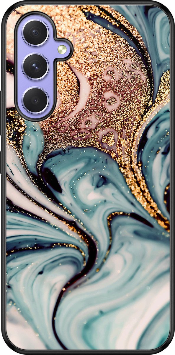 Leuke Telefoonhoesjes - Hoesje geschikt voor Samsung Galaxy A54 - Marmer blauw goud - Backcover zwart - Marmer - Blauw, Goud