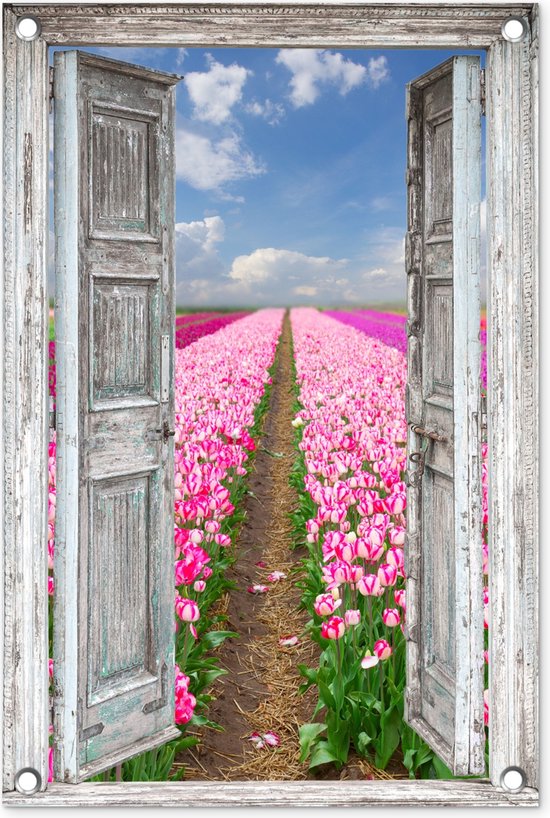 Affiche de jardin - Vue - Fleurs - Tournesol - Soleil - Nuages - 40x60 cm - Jardin - Décoration de jardin jardin - Tissu jardin
