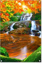 Tuinposters buiten Natuur - Waterval - Stenen - Mos - Bladeren - Groen - 60x90 cm - Tuindoek - Buitenposter