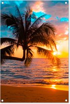 Tuinposter zonsondergang beach - Tuindecoratie strand met palmbomen - 60x90 cm - Tuinschilderij voor buiten - Tuindoek zee tropisch - Wanddecoratie tuin - Schuttingdoek - Balkon decoratie - Muurdecoratie - Buitenschilderij