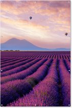 Tuinposter lavendel - Bloemen - Luchtballon - Paars - Landschap - Tuindecoratie - Tuinschilderij voor buiten - 120x180 cm - Schutting decoratie - Schuttingdoek - Tuin - Tuindoek - Buitenposter