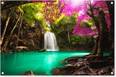 Tuinposter waterval - Bomen - Bladeren - Roze - Natuur - Tuinschilderij voor buiten - Tuindecoratie - Schutting decoratie - 90x60 cm - Tuin - Tuindoek - Schuttingdoek - Tuinposters