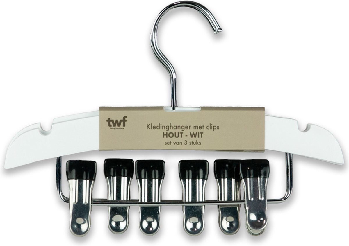 TWF Kledinghanger Met Clips - 3 Stuks - Hout Wit